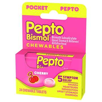 Pepto Bismol Pocket Chewable Tablets for Nausea, Heartburn, Indigestion, Upset Stomach, and Diarrhea - 5 Symptom Fast Relief, Cherry Flavor 24 ct