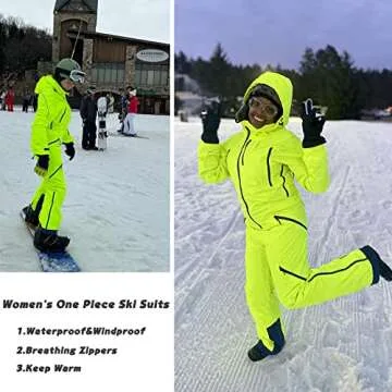 XUQNAGG Women's One Piece Ski Suits Windproof Jumpsuit Waterproof Warm Breathable Detachable Hood Snowsuit For Snow Sports(Yellow,L)