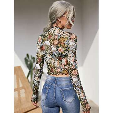 Floerns Women's Mock Neck Long Sleeve See Though Sheer Mesh Tops Tee Shirt Multi Floral S