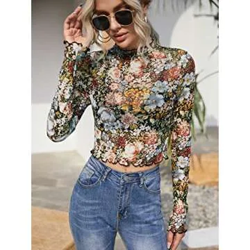 Floerns Women's Mock Neck Long Sleeve See Though Sheer Mesh Tops Tee Shirt Multi Floral S
