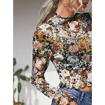 Floerns Women's Mock Neck Long Sleeve See Though Sheer Mesh Tops Tee Shirt Multi Floral S