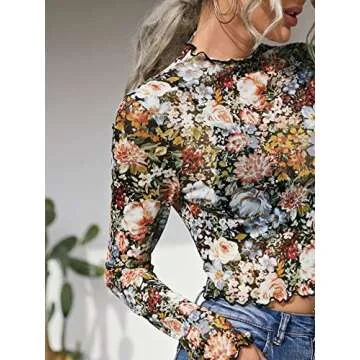 Floerns Women's Mock Neck Long Sleeve See Though Sheer Mesh Tops Tee Shirt Multi Floral S