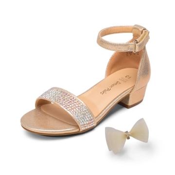 DREAM PAIRS Girls Sandals Low Heel Dress Pump Ankle Strap Interchangeable Bow Flower Wedding Party S...