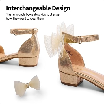 DREAM PAIRS Girls Sandals Low Heel Dress Pump Ankle Strap Interchangeable Bow Flower Wedding Party Shoes SDSD2320K GOLD Size 1 Little Kid
