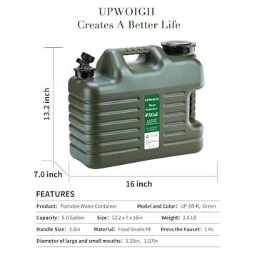UPWOIGH 5 Gallon Water Jug, Camping Water Container, Truly No Leakage Water Storage, Large Military ...