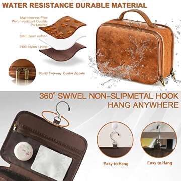 Elviros Travel Toiletry Bag for Men and Women, Large Hanging Leather Makeup Bags Organizer, 2 in 1 Water-resistant Cosmetic Case for Bathroom Toiletries Accessories (Brown)