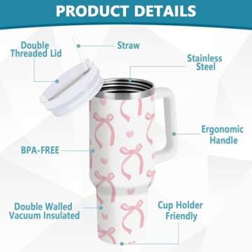 Wusikd Cute Pink Tumbler Handle Lid and Straw Ribbon Bow Water Bottle Stainless Steel Coffee Travel Tumbler Mug Cup Gifts for Men Women 30oz