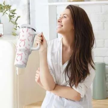 Wusikd Cute Pink Tumbler Handle Lid and Straw Ribbon Bow Water Bottle Stainless Steel Coffee Travel Tumbler Mug Cup Gifts for Men Women 30oz