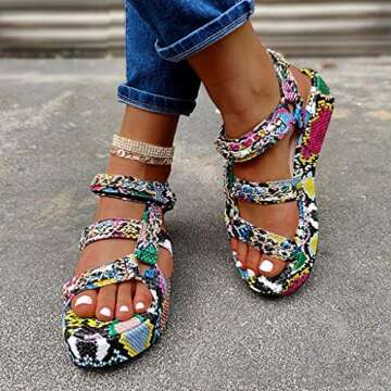 Sunhusing Platform Sandals Women's Open Toe Multicolor Snakeskin Printed Bandage Buckle Thick Bottom Sandals