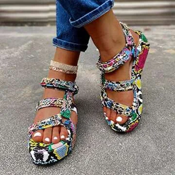 Sunhusing Platform Sandals Women's Open Toe Multicolor Snakeskin Printed Bandage Buckle Thick Bottom Sandals