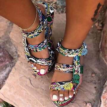 Sunhusing Platform Sandals Women's Open Toe Multicolor Snakeskin Printed Bandage Buckle Thick Bottom Sandals