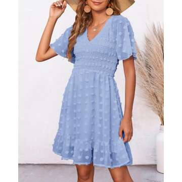 BTFBM Womens V Neck Casual Vacation Dress Short Sleeve Smocked Swiss Dot Swing Ruffle Mini Beach Sum...