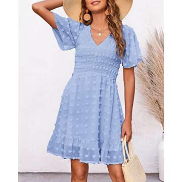 BTFBM Womens V Neck Casual Vacation Dress Short Sleeve Smocked Swiss Dot Swing Ruffle Mini Beach Summer Dresses 2025(Swiss Dot Blue, Large)