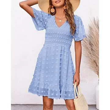 BTFBM Womens V Neck Casual Vacation Dress Short Sleeve Smocked Swiss Dot Swing Ruffle Mini Beach Summer Dresses 2025(Swiss Dot Blue, Large)