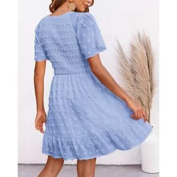 BTFBM Womens V Neck Casual Vacation Dress Short Sleeve Smocked Swiss Dot Swing Ruffle Mini Beach Summer Dresses 2025(Swiss Dot Blue, Large)