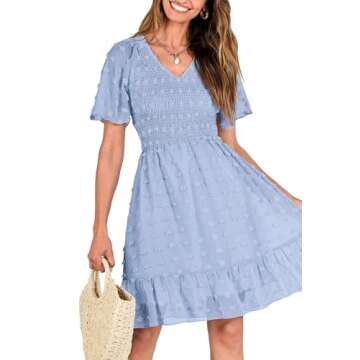 BTFBM Womens V Neck Casual Vacation Dress Short Sleeve Smocked Swiss Dot Swing Ruffle Mini Beach Summer Dresses 2025(Swiss Dot Blue, Large)