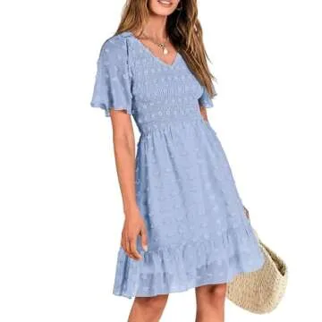 BTFBM Womens V Neck Casual Vacation Dress Short Sleeve Smocked Swiss Dot Swing Ruffle Mini Beach Summer Dresses 2025(Swiss Dot Blue, Large)