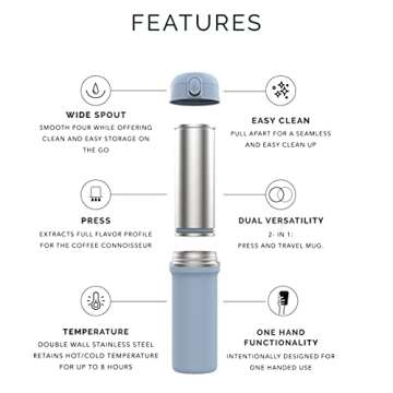 OasisMade GoodBrew - Insulated Coffee and Tea Press | Travel French Press Coffee Maker | No spilling and no liquid migration in the ground chamber | Perfect for Commuting, Camping or Traveling (15oz)