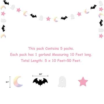 5 Pcs Halloween Moon Bat Ghost Star Garland Pink Black Halloween Garland for Pink and Black Kids' Ha...