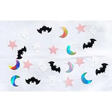 5 Pcs Halloween Moon Bat Ghost Star Garland Pink Black Halloween Garland for Pink and Black Kids' Halloween Party Supplies Decorations