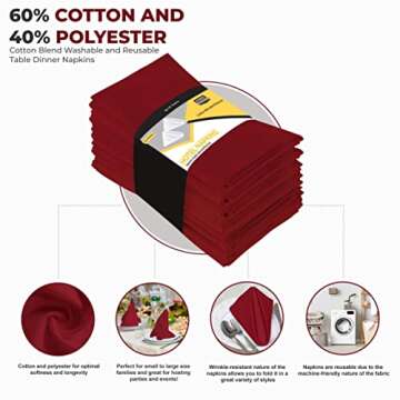 Utopia Kitchen Red Cloth Napkins [12 Pack, 18x18 Inch] Absorbent Cotton Blend Washable and Reusable for Dinner, Restaurant, Lunch, Wedding and Hotel