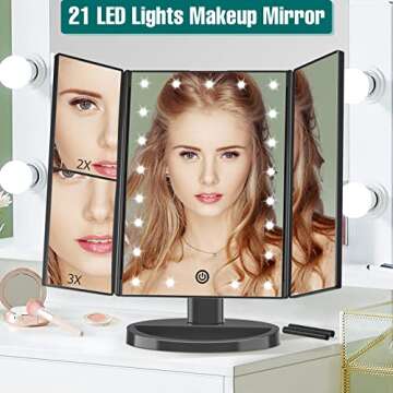 FASCINATE Lighted Makeup Mirror, 21 Bright LED Lights, 3x/2x/1x Magnifying Trifold LED Vanity Mirror...