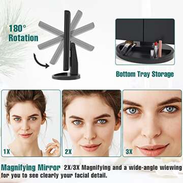 FASCINATE Lighted Makeup Mirror, 21 Bright LED Lights, 3x/2x/1x Magnifying Trifold LED Vanity Mirror, Touch Control Dimmable Brightness,180 ° Rotaion