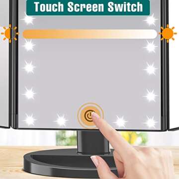 FASCINATE Lighted Makeup Mirror, 21 Bright LED Lights, 3x/2x/1x Magnifying Trifold LED Vanity Mirror, Touch Control Dimmable Brightness,180 ° Rotaion