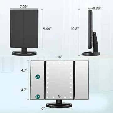 FASCINATE Lighted Makeup Mirror, 21 Bright LED Lights, 3x/2x/1x Magnifying Trifold LED Vanity Mirror, Touch Control Dimmable Brightness,180 ° Rotaion