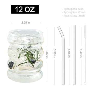 CHETOGIN Aesthetic Drinking Glass Cups - 12 oz Vintage Glassware with Glass Straws Set of 4 - Wave S...