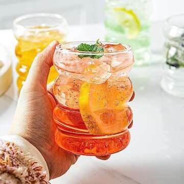 CHETOGIN Aesthetic Drinking Glass Cups - 12 oz Vintage Glassware with Glass Straws Set of 4 - Wave Shape Cocktail Beverage Glasses for Iced Coffee Beer Water Juice Soda Tea Gift (12 oz Set of 4)