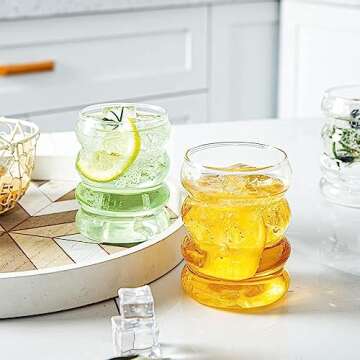 CHETOGIN Aesthetic Drinking Glass Cups - 12 oz Vintage Glassware with Glass Straws Set of 4 - Wave Shape Cocktail Beverage Glasses for Iced Coffee Beer Water Juice Soda Tea Gift (12 oz Set of 4)