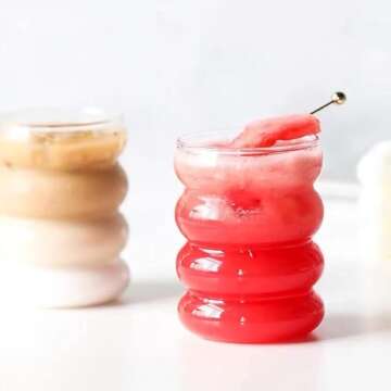 CHETOGIN Aesthetic Drinking Glass Cups - 12 oz Vintage Glassware with Glass Straws Set of 4 - Wave Shape Cocktail Beverage Glasses for Iced Coffee Beer Water Juice Soda Tea Gift (12 oz Set of 4)