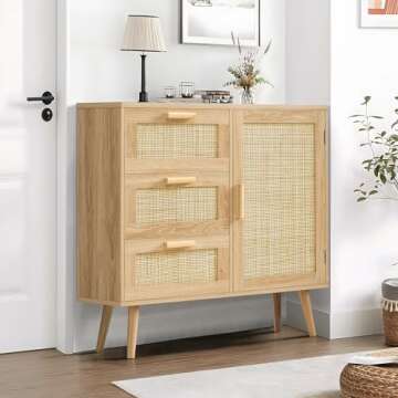 Iwell Rattan Storage Cabinet with 3 Adjustable Shelves, Small Entryway Cabinet for Living Room, Natu...