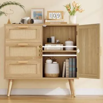 Iwell Rattan Storage Cabinet with 3 Adjustable Shelves, Small Entryway Cabinet for Living Room, Natural