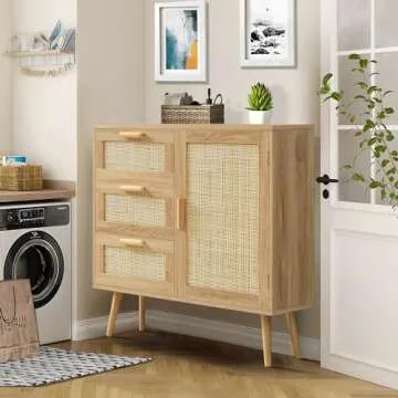Iwell Rattan Storage Cabinet with 3 Adjustable Shelves, Small Entryway Cabinet for Living Room, Natural