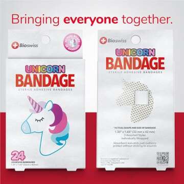 BioSwiss Bandages, Unicorn Shaped Self Adhesive Bandage, Latex Free Sterile Wound Care, Fun First Aid Kit Supplies for Kids, 24 Count