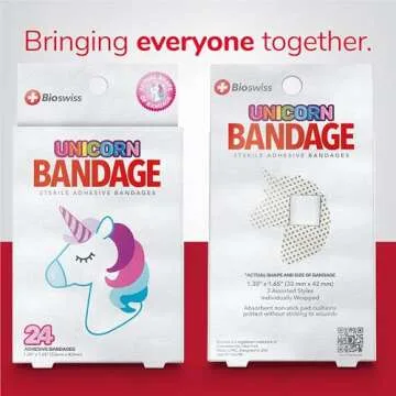 BioSwiss Bandages, Unicorn Shaped Self Adhesive Bandage, Latex Free Sterile Wound Care, Fun First Aid Kit Supplies for Kids, 24 Count