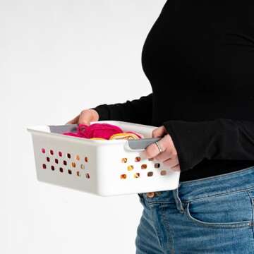 IRIS USA Plastic Storage Basket, 12-Pack, Shelf Basket Organizer for Pantries Kitchens Cabinets Bedrooms, White