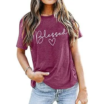 Blessed T-Shirt for Women Cute Simple Sayings Heart Graphic Letter Print Shirts Casual Short Sleeve Thankful Tee Tops-Purple M