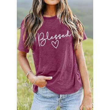 Blessed T-Shirt for Women Cute Simple Sayings Heart Graphic Letter Print Shirts Casual Short Sleeve Thankful Tee Tops-Purple M
