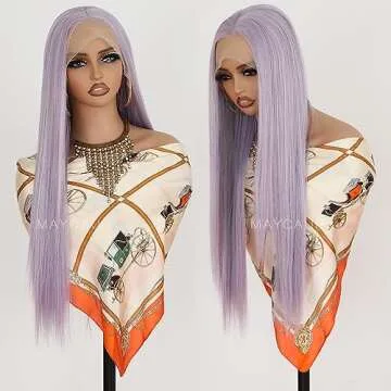 Maycaur Purple Lace Front Wigs Long Straight Glueless Purple Wigs for Black Women 24 Inch Synthetic Lace Front Wig with Natural Pre Plucked Hairline