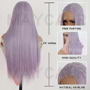 Maycaur Purple Lace Front Wigs Long Straight Glueless Purple Wigs for Black Women 24 Inch Synthetic Lace Front Wig with Natural Pre Plucked Hairline