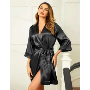 Ekouaer Women's Lace-Trim Silk Robes Bride Bridesmaid Kimono Satin Bathrobe V Neck Sleepwear with 3/4 Sleeve