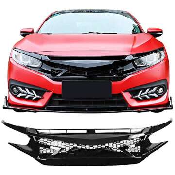 IKON MOTORSPORTS Grille Compatible With 2016-2021 Honda Civic, IKON Style Gloss Black Front Bumper G...
