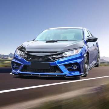 IKON MOTORSPORTS Grille Compatible With 2016-2021 Honda Civic, IKON Style Gloss Black Front Bumper Grille Hood Grill With Eyelids 3PC ABS