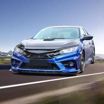 IKON MOTORSPORTS Grille Compatible With 2016-2021 Honda Civic, IKON Style Gloss Black Front Bumper Grille Hood Grill With Eyelids 3PC ABS