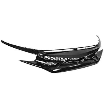 IKON MOTORSPORTS Grille Compatible With 2016-2021 Honda Civic, IKON Style Gloss Black Front Bumper Grille Hood Grill With Eyelids 3PC ABS