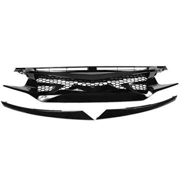 IKON MOTORSPORTS Grille Compatible With 2016-2021 Honda Civic, IKON Style Gloss Black Front Bumper Grille Hood Grill With Eyelids 3PC ABS