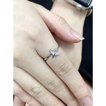 CZ Airplane 925 Sterling Silver Statement Ring for Women Girls Adjustable Expandable Open Wrap Finger Rings Comfort Fit Dainty Cute Dainty Airline Flight Jewelry Gift Souvenir